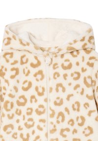 Leopard-printed fleece hoodie in beige and light brown, featuring a full zipper and a soft, textured finish.