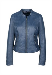 Veste en cuir bleu avec un col rond, fermeture éclair à l'avant et deux poches latérales. Présente une texture lisse et une coupe ajustée.