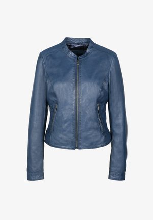 Veste en cuir bleu avec un col rond, fermeture éclair à l'avant et deux poches latérales. Présente une texture lisse et une coupe ajustée.