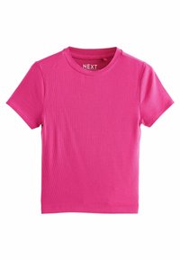 T-shirt a maniche corte e collo rotondo di colore rosa intenso, realizzata in tessuto a costine, con una texture liscia e un design semplice, senza motivi o dettagli.