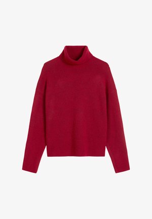 Czerwona sweter typu golf wykona z miękkiego materiału, o luźnym kroju, długich rękawach oraz ribbowanym wykończeniu u dołu i przy kołnierzu.