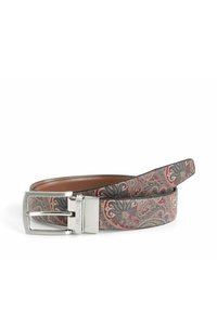 Ledergürtel mit Paisley-Muster in Rot, Blau und Creme, mit einer silbernen Metallschnalle und einer glatten Textur.