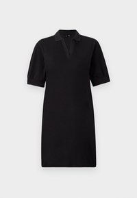 Black polo dress with short puff sleeves, a deep v-neck, and a relaxed fit. Made of soft fabric, it features a solid color with no patterns.