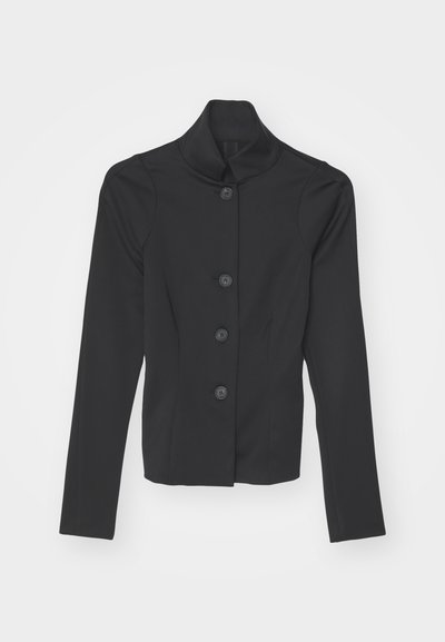 Casaco preto ajustado com gola alta, cinco botões na frente e mangas longas. Feito de um tecido liso com um corte estruturado.