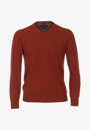 Roter V-Ausschnitt-Pullover aus weichem Strickstoff. Mit langen Ärmeln sowie gerippten Bündchen und Saum. Minimale Markenkennzeichnung auf der Brust.