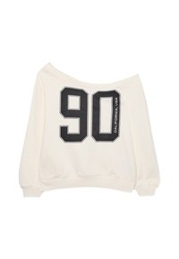 Bijela oversized sweatshirt s off-shoulder dizajnom, koja na leđima ima veliki crni print "90" i tekst "CALIFORNIA, USA".