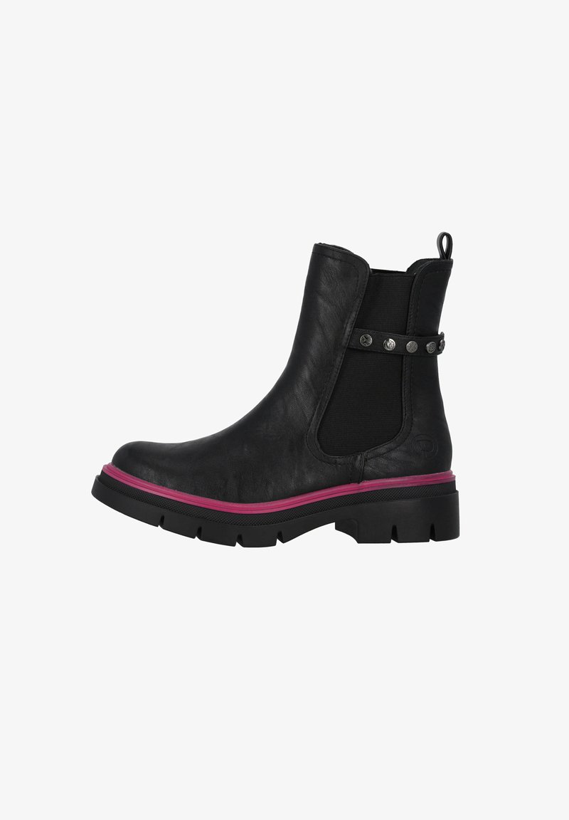 Bota de tobillo de cuero negro con paneles laterales elásticos, borde rosa, acentos de tachuelas plateadas y una suela texturizada para mayor agarre.