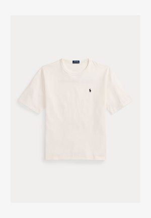 Hvit bomulls t-skjorte med rund hals, korte ermer og liten marineblå polo-spillerlogo på venstre bryst. Jevn tekstur, standard passform.