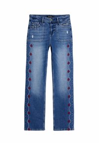 Sinised teksad sirgete jalgadega, millel on punased lillemustrid külgedel ja kahjustatud detailid esikottidel.