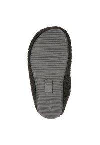 Zwarte wollen pantoffelzool met gegolfde rubbertextuur, voorzien van een klein logo en maatmarkering. Rondvorm met zachte randen.