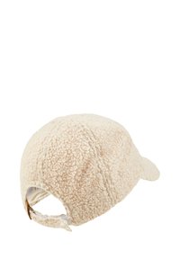 Beige Fleece-Mütze mit strukturierter Oberfläche, mit einem gebogenen Schirm und einem verstellbaren Riemen auf der Rückseite. Weiches, gemütliches Material.