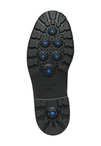 Suola di scarpa in gomma nera con battistrada testurizzato e sei dischi di ventilazione blu, con il logo GEOX e un design del tacco liscio.