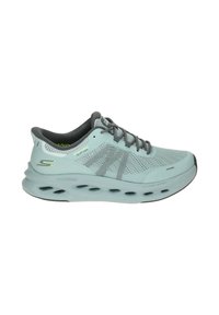 Light blue athletic shoes with a mesh upper, gray accents, laces, and a cushioned sole featuring cut-out sections for ventilation.