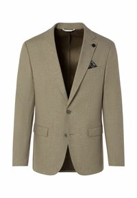 Hellbrauner Herrenblazer mit zwei Knöpfen, Pattentaschen, notched Revers, schwarzem Ansteckpin und gemustertem Einstecktuch.