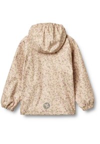 Lätt, rosa blommönstrad jacka med elastiska ärmslut och huva, med en logotypventil vid nedre ryggen. Slät textur.