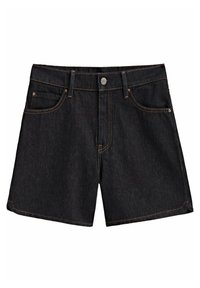 Dark denim shorts with a straight cut. Features include five pockets, copper stitching, and a metal button closure. Hem finishes are clean.