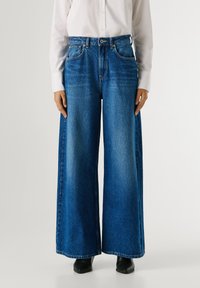 Blue wide-leg jeans with a high waist, made from denim, featuring front pockets and a button closure. Smooth texture with a classic wash.