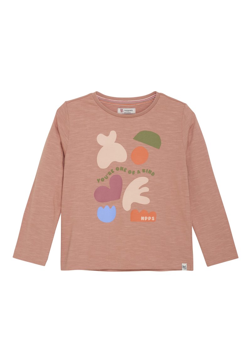 Stofzuiger roze lange mouwen peutershirt met kleurrijke abstracte vormen en de tekst "JIJ BENT UNIEK" op de voorkant.