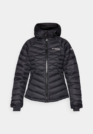 Black puffer jacket featuring a quilted design, a zippered front, and a hood. Includes Columbia Titanium branding and elastic cuffs.