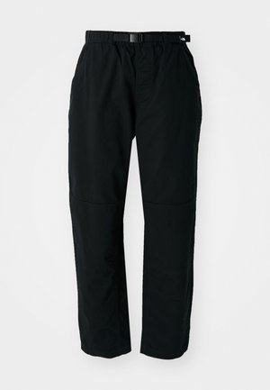 Black lightweight pants with an elastic waistband and adjustable belt. Features tapered legs and reinforced knee panels for durability.