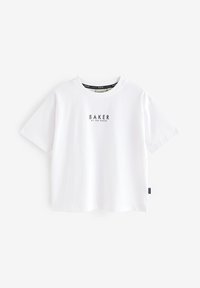 Biała bawełniana koszulka z krótkim rękawem, okrągłym dekoltem i czarnym nadrukiem "BAKER by Ted Baker" z przodu. Metka z boku.