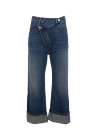 Jeans in denim a gamba larga con vita alta, chiusura a bottoni asimmetrica e ampi risvolti in un lavaggio blu sbiadito.