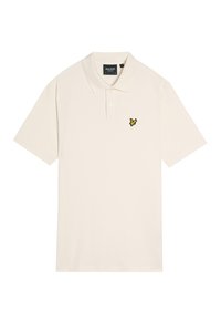 Beige polo t-shirt van katoen, met een klassieke kraag en korte mouwen. Het heeft een klein geel vogellogo op de linkerkant van de borst.