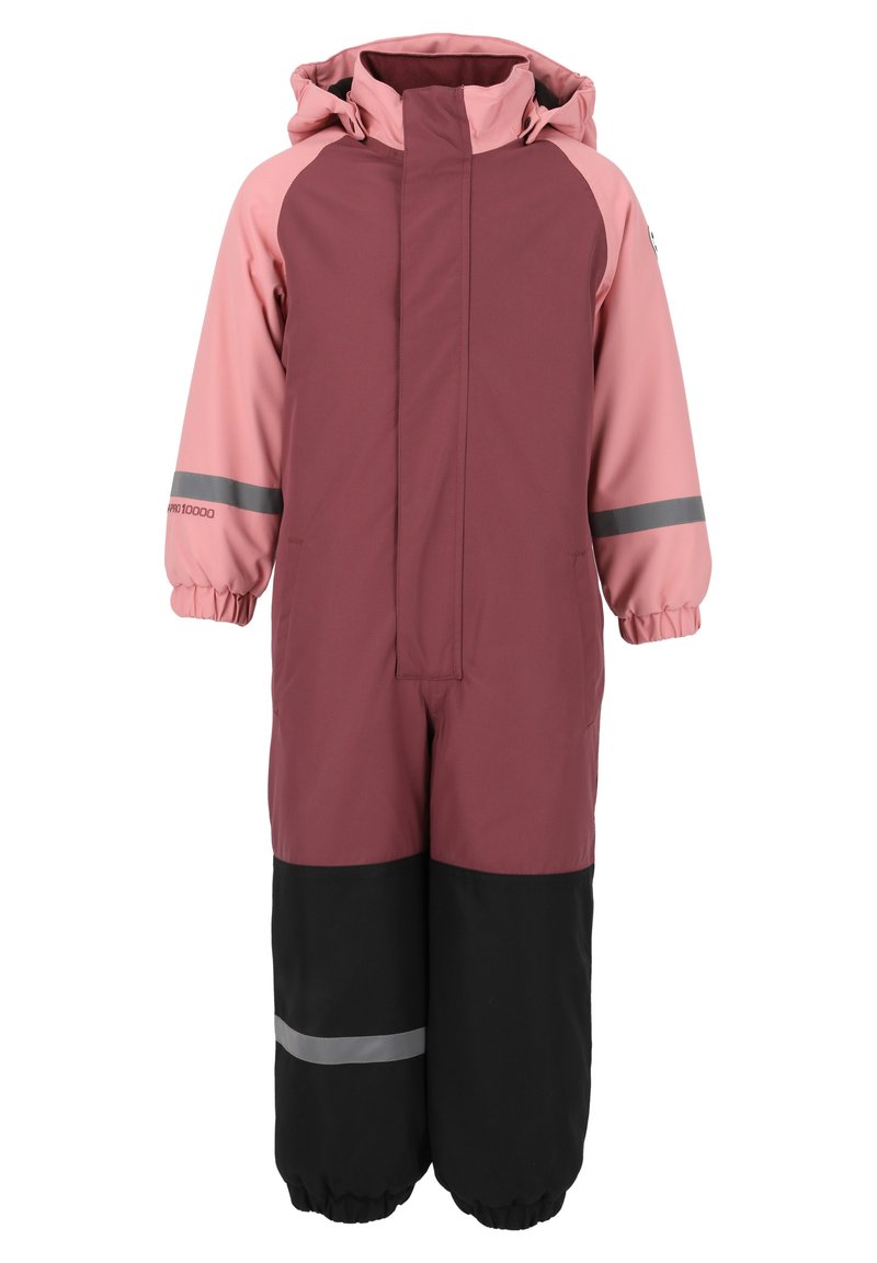 Combinaison de ski une pièce en bordeaux et rose, avec une capuche, des poignets élastiques et des bandes réfléchissantes ; fabriquée en matériau imperméable et respirant.