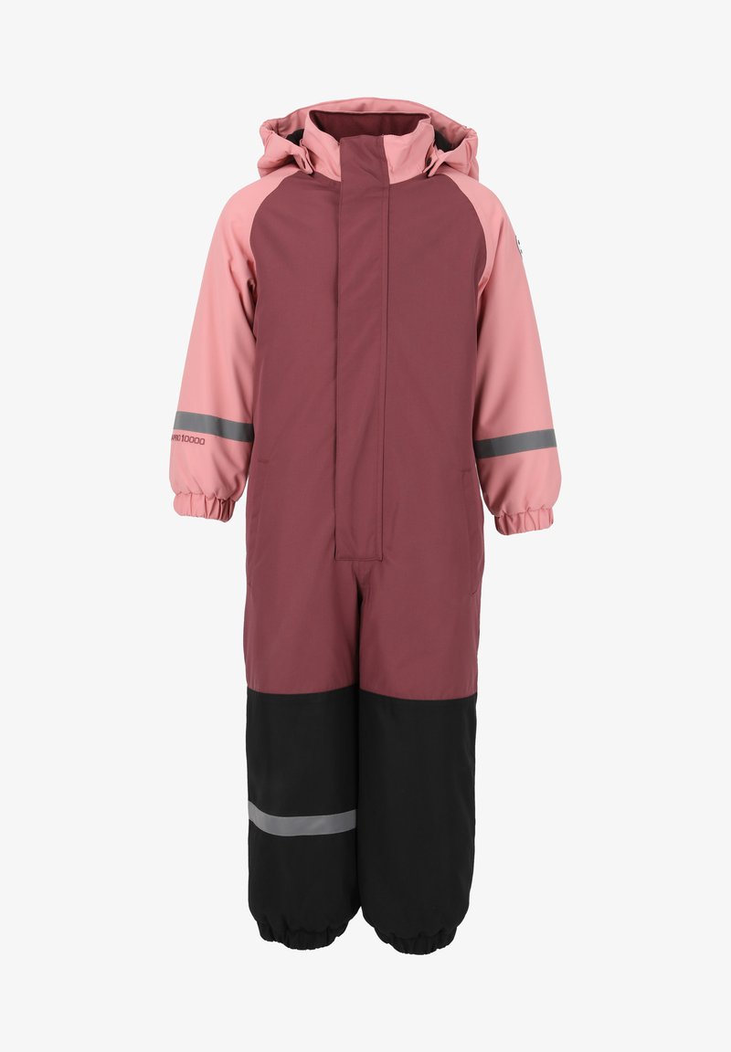 One-piece snowsuit in burgundy and pink, with a hood, elastic cuffs, and reflective stripes; made of waterproof, breathable material.