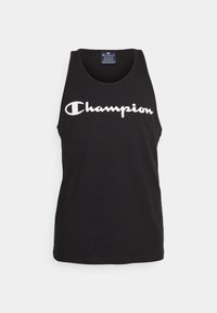 Top sin mangas de algodón negro con cuello redondo, que presenta un gran logotipo blanco de "Champion" en el pecho. Textura suave, diseño casual.