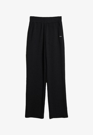Pantaloni neri a gamba larga realizzati in tessuto morbido, con vita elastica e tasche laterali per maggiore comodità. Senza pattern o accenti visibili.