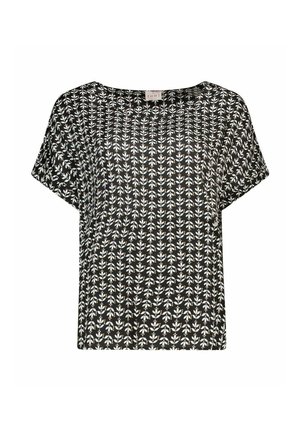 Zwarte blouse met korte mouwen met wit en beige verticale bladprint en ronde hals.