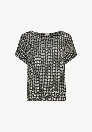 Zwarte blouse met korte mouwen met wit en beige verticale bladprint en ronde hals.