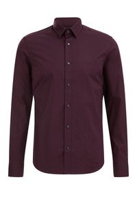 Burgundyröd långärmad skjorta i slätt tyg. Har en klassisk krage, knappstängning fram och svarta knappar längs knapplistan.
