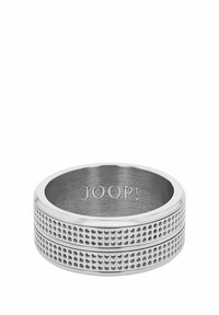 Anello in metallo argentato con un design a doppio strato, caratterizzato da un motivo a punti testurizzati e con la scritta "JOOP!" incisa all'interno.