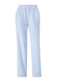 Lichtblauwe en witte gestreepte broek met een elastische tailleband, rechte pijpen en een gladde stofstructuur. Geen zichtbare zakken.