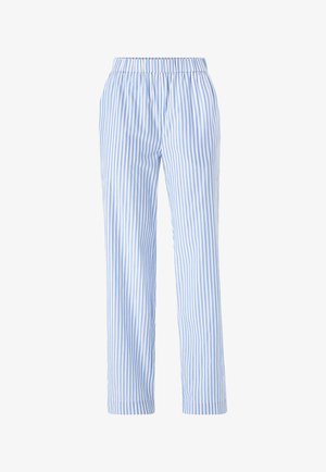 Lichtblauwe en witte gestreepte broek met een elastische tailleband, rechte pijpen en een gladde stofstructuur. Geen zichtbare zakken.