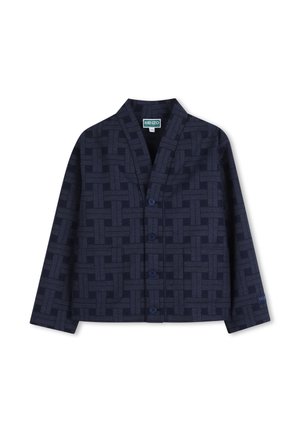 Veste boutonnée bleu marine à motif en espagnole, manches longues, col et étiquette Kenzo au niveau de la nuque arrière et du poignet gauche.