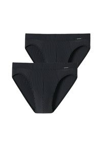 Perizoma nero con strisce bianche verticali, realizzato in tessuto liscio. Include due paia con una vita media e un elastico in vita.