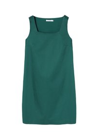 Sleeveless, knee-length dress in deep green fabric. Square neckline, flat seams, minimal design with no visible patterns or hardware.