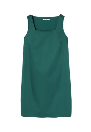 Ärmelloses, knielanges Kleid aus tiefgrünem Stoff. Quadrat-Ausschnitt, flache Nähte, minimales Design ohne sichtbare Muster oder Beschläge.