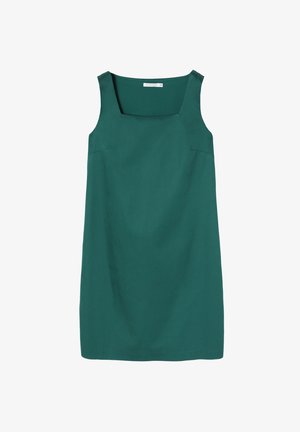 Vestito senza maniche, lunghezza al ginocchio, in tessuto verde scuro. Collo quadrato, cuciture piatte, design minimalista senza motivi o accessori visibili.