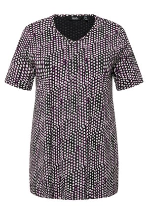 Krótki rękaw, top w serek w kolorze czarnym z wielokolorowym wzorem w kropki w białym i purpurowym kolorze. Gładka tekstura, luźny krój.