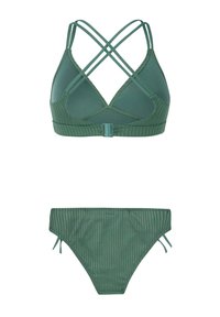 Zielony zestaw bikini z triangulowanym biustonoszem z krzyżującymi się ramiączkami i prążkową fakturą, w zestawie z dopasowanymi prążkowymi majtkami.