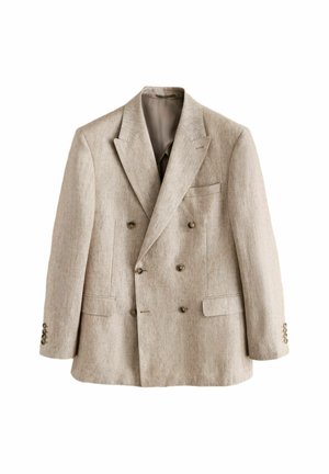 Beige double-breasted linen blazer with notch lapels, six brown buttons, two flap pockets, and one chest pocket, displayed on white background.