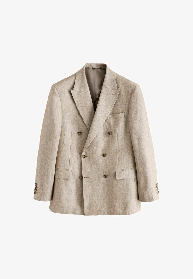 Beige kaksirivinen pellavableiseri lovikauluksilla, kuusi ruskeaa nappia, kaksi läppätaskua ja yksi rintatasku, esillä valkoisella taustalla.