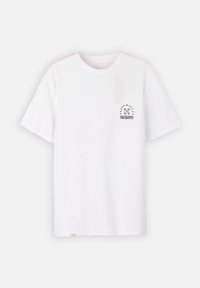 T-shirt en coton blanc à manches courtes, col rond, motif graphique sur la poitrine avec texte et éléments floraux, et une étiquette à la couture inférieure gauche.