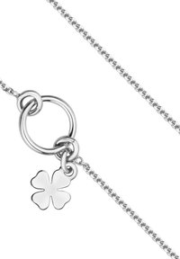 Srebrny naszyjnik z łańcuszkiem z okrągłym zapięciem i małym, płaskim charms'em w kształcie czterolistnej koniczyny. Gładka powierzchnia z polerowanym wykończeniem.