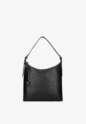 Sac bandoulière en cuir noir à silhouette arrondie, finition texturée, bandoulière ajustable et fermeture zippée. Présente un logo discret en accent.