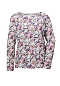 Langärmliges Shirt mit einem pastellfarbenen, abstrakten Muster, das Wirbel, Kurven und florale Akzente auf einem hellen Hintergrund zeigt.
